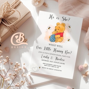 Winnie the Pooh What Will Our Little Hunny Bee Gender Reveal Invitation Template Winnie Pooh & Friends Honeybee EDITABLE INSTANT DOWNLOAD