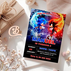 Invito di compleanno di Sonic, modificabile e stampabile, fantastico invito per la festa di Sonic, inviti premium modificabili in Canva, invito per ragazzi e ragazze