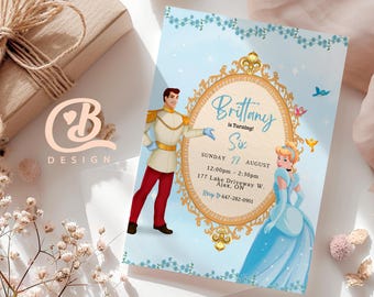 Puede incluir: Una invitación de cumpleaños azul claro con ilustraciones de un príncipe y Cenicienta. La invitación incluye el texto "Brittany is Turning Six" en un marco dorado adornado. También se incluye la fecha y hora de la fiesta.