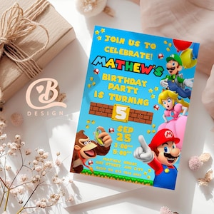 Convite de aniversário do Mario Bros | Convite de aniversário do Mario | Cartão temático de festa de aniversário do Mario | Convite digital | Convite de aniversário infantil 5x7