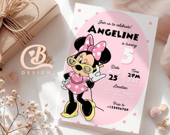 Invitación de cumpleaños editable de Minnie Mouse: Diseño de lunares rosas (Digital, 5x7)