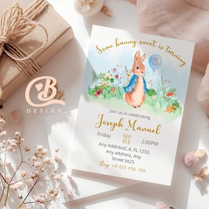 Peter Rabbit Invitation, Editable Template, Rustic Bunny, Birthday, Printable for Kids Party, Instant Download, Mobile/5x7