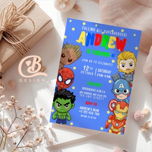 Modelo editável de convite de aniversário de super-herói, convite digital de super-herói Baby Avengers, cartão de convite de super-herói para download instantâneo