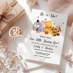 Modèle d'invitation « What Will Our Little Hunny Bee Gender Reveal » Winnie l'ourson et ses amis Honeybee MODIFIABLE EN TÉLÉCHARGEMENT