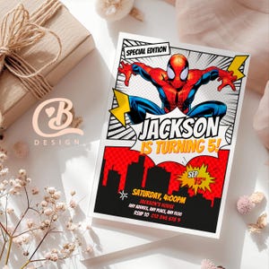 Uitnodiging verjaardagsfeestje Spider-Man: bewerkbare kinderkaart (digitale download)