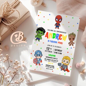 Modelo editável de convite de aniversário de super-herói, convite digital de super-herói dos Vingadores, cartão de convite de super-herói para download instantâneo canva