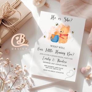 Winnie the Pooh What Will Our Little Hunny Bee Gender Reveal Invitation Template Winnie Pooh & Friends Honeybee EDITABLE INSTANT DOWNLOAD