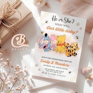 Winnie the Pooh What Will Our Little Hunny Bee Gender Reveal Invitation Template Winnie Pooh & Friends Honeybee EDITABLE INSTANT DOWNLOAD