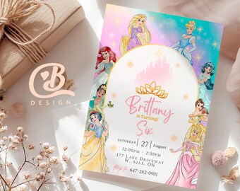 May include: A colorful invitation featuring Disney princesses. The invitation has a pink and blue gradient background with illustrations of various princesses. The text reads "Brittany is Turning Six" with event details. The design includes a crown and castle.