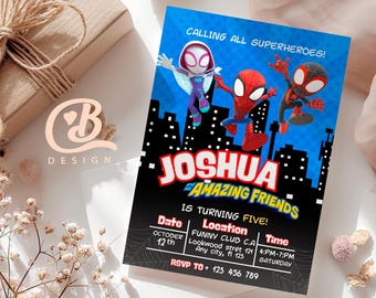 Invitación de cumpleaños de Spidey y sus amigos, plantilla editable de Canva (descarga digital)
