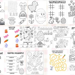 May include: A set of ten black and white printable Easter coloring pages featuring various activities such as a word search, tic-tac-toe, a maze, a connect the dots, and a bunny-themed I Spy game. The pages also include the text "Happy Easter", "Design an Egg", "Draw a Bunny", "Match the Picture", "Easter Scramble", "It's Easter", and "April".