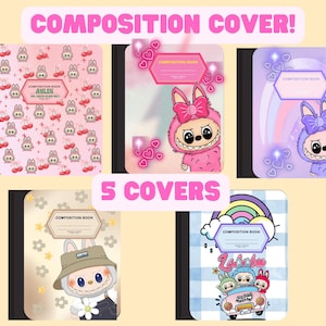 May include: Five composition notebooks with unique covers. Designs include a pink cherry pattern, a pink bunny with a bow, a purple bunny with a rainbow, a bunny in a hat, and a car with characters. Text reads "COMPOSITION COVER!" and "5 COVERS."