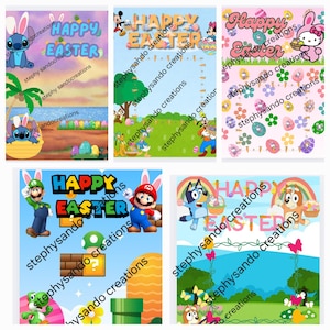 May include: Five different digital printable cards with a Happy Easter theme. Each card features a different cartoon character, including Stitch, Mickey Mouse, Hello Kitty, Mario, and Bluey. The cards are decorated with pastel colors and Easter-themed graphics.