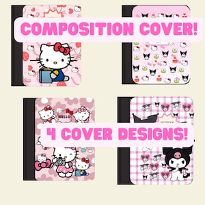 Puede incluir: Cuatro cuadernos de composición con diferentes cubiertas rosas con Hello Kitty y otros personajes. Las cubiertas tienen varios diseños, incluyendo a Hello Kitty con un libro y otros personajes. Se muestra el texto "COMPOSITION COVER!" y "4 COVER DESIGNS!"