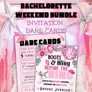 Paquete de despedida de soltera para fin de semana / Invitación / Tarjetas de desafío recortables / Vaquera disco / Rosa / Imprimible / Editable / Canva / Descarga digital