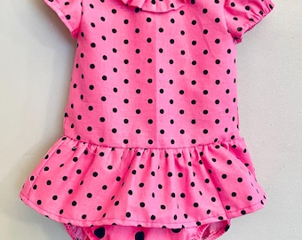 pink polka dots  dress and bloomer  Inspired by the Sally brown dress. size 0-3m.