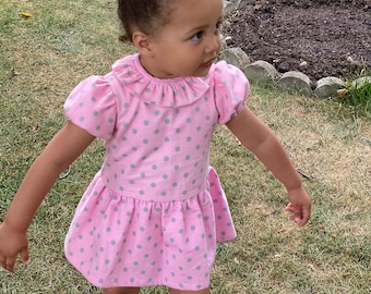 Pink Polka Dot Baby Dress, Cotton Flannel Ruffle