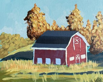 Barn painting, barn print, fall, red, field, giclee, modern impressionism
