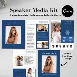 Op de afbeelding: Een vier pagina's tellende mediakit-sjabloon voor sprekers, met een kopfoto van een vrouw, tekst over haar referenties en een blauw-wit kleurenschema. De sjabloon is aanpasbaar in Canva.
