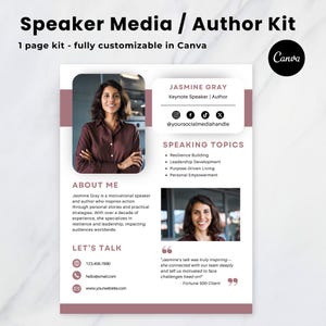 Op de afbeelding: Een sprekersmedia-kit sjabloon met een roze en wit kleurenschema. De sjabloon bevat een kopfoto van een vrouw, een sectie met de titel "Over mij", een sectie met de titel "Sprekende onderwerpen" en een sectie met de titel "Laten we praten". De sjabloon is volledig aanpasbaar in Canva.