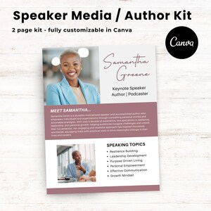 Op de afbeelding: Een roze en witte speaker media kit met een foto van een vrouw en de tekst "Samantha Greene Keynote Speaker Auteur | Podcaster" en "ONTMOET SAMANTHA..." en "SPREEKONDERWERPEN" met een lijst van onderwerpen, waaronder "Resilientie opbouwen", "Leiderschapsontwikkeling", "Doelgericht leven", "Persoonlijke empowerment", "Effectieve communicatie" en "Groeimindset".