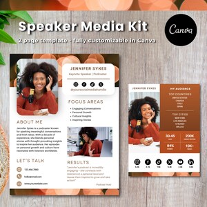 Op de afbeelding: Een sprekersmedia-kit sjabloon met een bruine houten achtergrond. De sjabloon bevat een foto van een vrouw met een microfoon en de tekst "Jennifer Sykes, Keynote Speaker | Podcaster". De sjabloon bevat ook informatie over haar focusgebieden, resultaten en publiek.