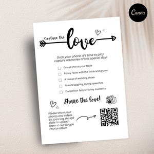 Capture the Love Photo Scavenger Hunt, Editable Wedding Game Card, Printable Checklist, Custom Canva Template with QR Code