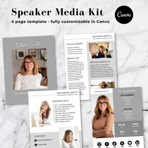 Op de afbeelding: Een vier pagina's tellende media kit-sjabloon voor sprekers, ontworpen in Canva. De sjabloon bevat een professionele foto van een vrouw, een lijst met referenties, aandachtsgebieden, bewezen resultaten en demografische gegevens van het publiek. De sjabloon is volledig aanpasbaar en bevat contactgegevens.