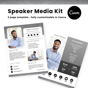 Op de afbeelding: Een sprekersmedia-kit sjabloon met een grijze achtergrond en een foto van een man. Het sjabloon bevat de naam van de spreker, social media-handvatten, aandachtsgebieden, resultaten en contactgegevens. Het sjabloon bevat ook een sectie over het publiek van de spreker, inclusief de toplanden, top steden, leeftijdsgroep en bereik.