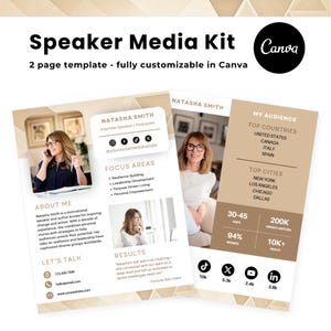 Op de afbeelding: Een tweezijdige sprekersmedia-kit-sjabloon met een beige achtergrond en geometrische patronen. De sjabloon bevat een portret van een vrouw met de tekst "Natasha Smith" en "Keynote Speaker | Podcaster". De sjabloon bevat informatie over de aandachtsgebieden van de spreker, haar resultaten, haar publiek en haar social media-handvatten.