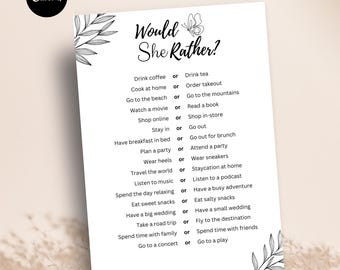 Would She Rather Bridal Shower Game, Editable Printable (Digital Download)