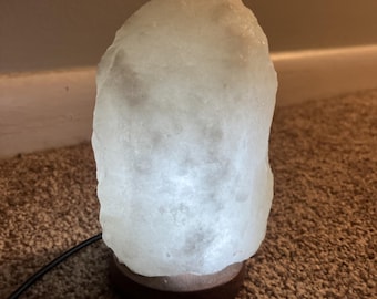 USB White Himalayan Salt Lamp Crystal Rock Wooden Base Night Light