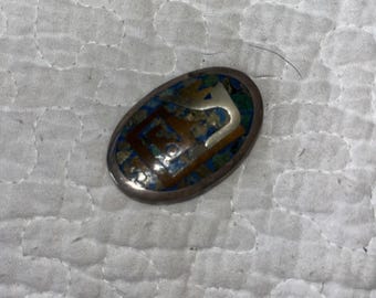 Antique Taxco Sterling Silver & Inlay Stone Aztec Pin By Metaled Casados #B-26