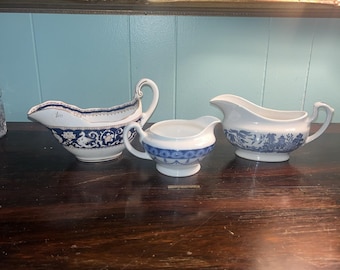 3 Blue White Gravy Boats (willow)