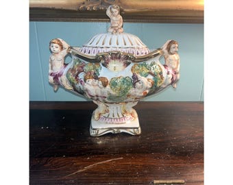 Vintage porcelana capodimonte querubín sopa sopera + tapa acento dorado italiano