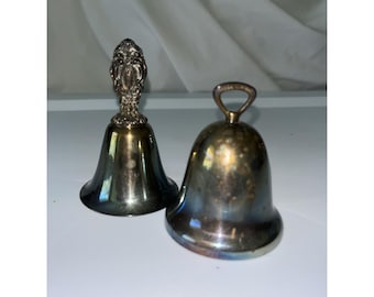 2 Vintage Silver Plate Hand Bell Dinner Service Table Bell  3" & 3.5" Tall