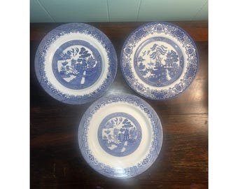 Juego de 3 platos de cerámica vintage Country Americana Blue Willow Ware de 9,5 pulgadas.