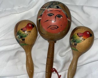 Vintage Wooden Maracas Lot Cayman Islands Venezuela Hand Painted Folk Music ~E