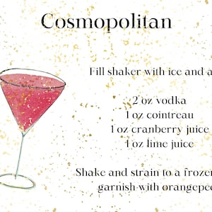 Digital Download Watercolor Art Cosmopolitan Recipe, Cosmopolitan Recipe, Printable Cosmo, Bar Cart Art, Printable Cocktail Recipe