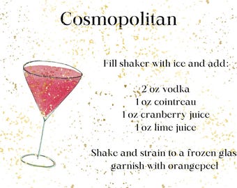 Digital Download Watercolor Art Cosmopolitan Recipe, Cosmopolitan Recipe, Printable Cosmo, Bar Cart Art, Printable Cocktail Recipe