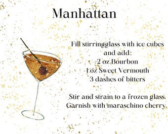 Digital Download Watercolor Art Manhattan Recipe, Manhattan Recipe, Printable Cosmo, Bar Cart Art, Printable Cocktail Recipe