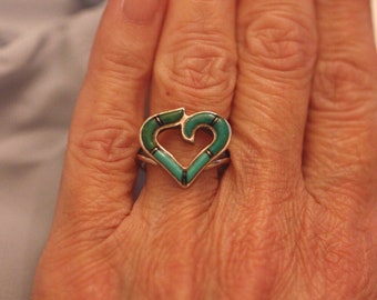 Inlay Heart Ring Turquoise Onyx and Silver Shades of Turquoise and Green Stamped Sterling Vintage Southwest Style Boho Ring Size 6 1/2