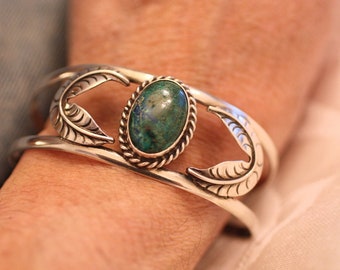 Chrysocolla Artisan Leaf Cuff Sterling Signed Made In Mexico 925 Plata Blue Green Tones Feather Design Vintage Southwest Wide Boho Cuff
