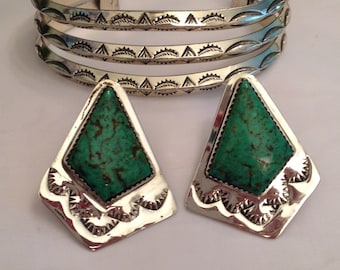 Navajo Alison Tohee Turquoise Sterling Dangling Stud Earrings Large Stones Sun Ray Green&Brown Matrix Vintage Southwest Boho Statement 16 Gr