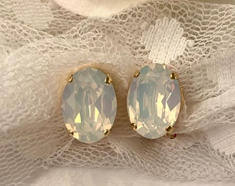 Clip On Premium Crystal Oval White Opal 14x10mm Earring Shiny Gold Toned Prong Setting Oval Faceted White Opal Clip On Beauty