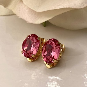 Clip On Premium Crystal Oval Rose Pink 14x10mm Earring Shiny Gold Toned Prong Setting Oval Faceted Vibrant Rose Pink Clip On Beauty