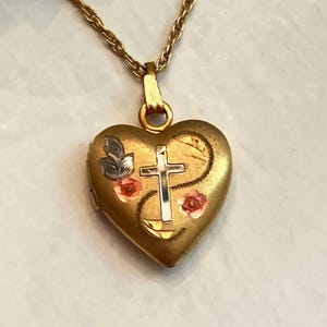 Vintage Heart With Cross Locket Necklace Tricolor 14K Gold Filled Etched Flowers Brushed Gold Front High Polished Back Two Photos Classic