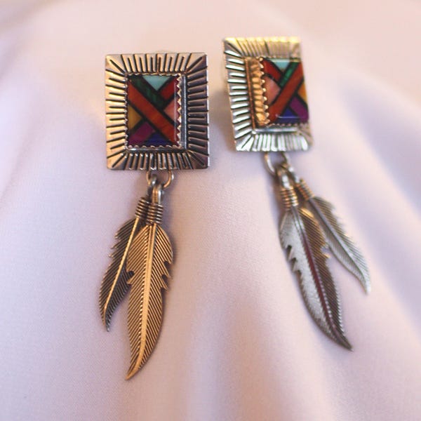 Quoc Inlay Dangling Feathers Stud Earrings Turquoise Sugilite Malachite Onyx Spiny Oyster Lapis Signed QT Sterling Southwest Vintage Boho