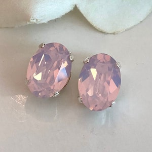 Clip On Oval Premium Crystal Rose Water Opal Pink 14x10mm Oval Crystal Silver Toned Setting Pastel Pink Facets