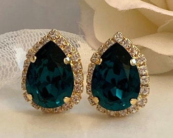 Clip On Halo Teardrop Emerald Premium Crystal 18x13mm Teardrop Dainty Rhinestone Halo Gold Tone Setting Rich Emerald Green Prisms